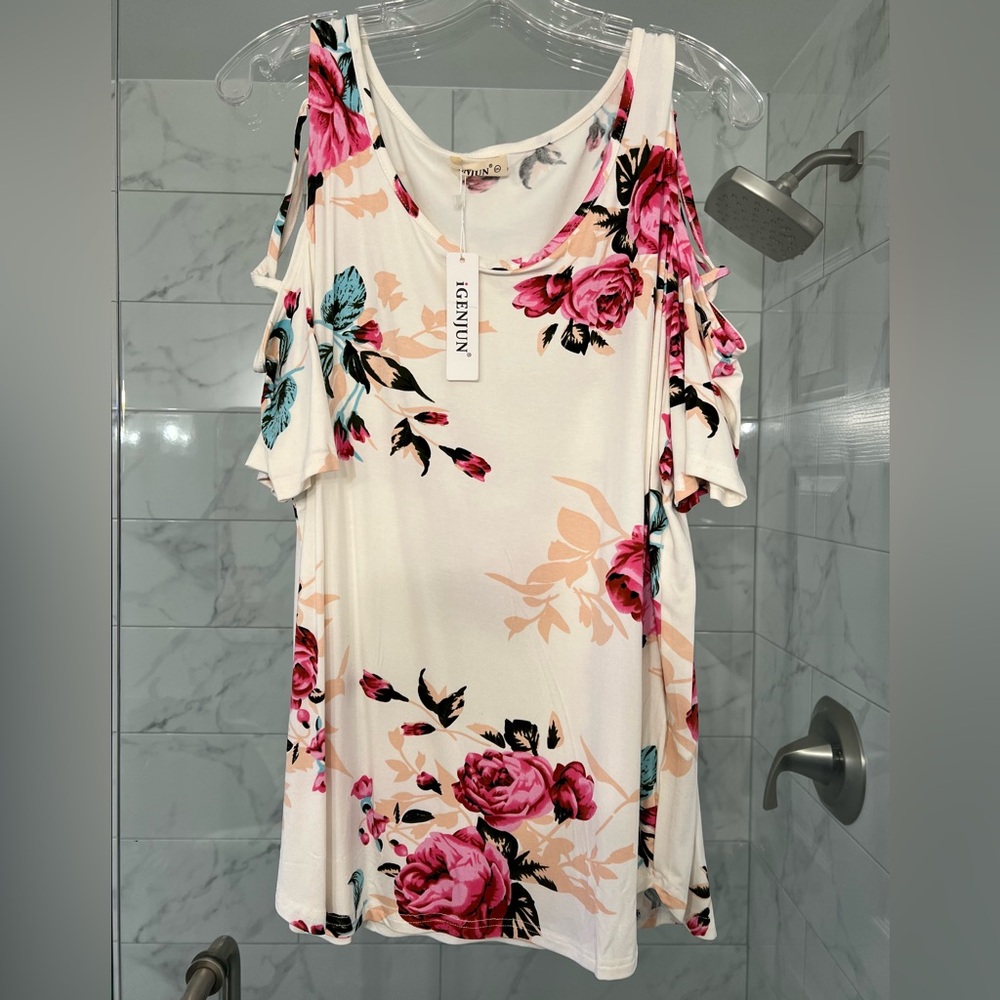 Floral Cold Shoulder Top - Pink and Cream